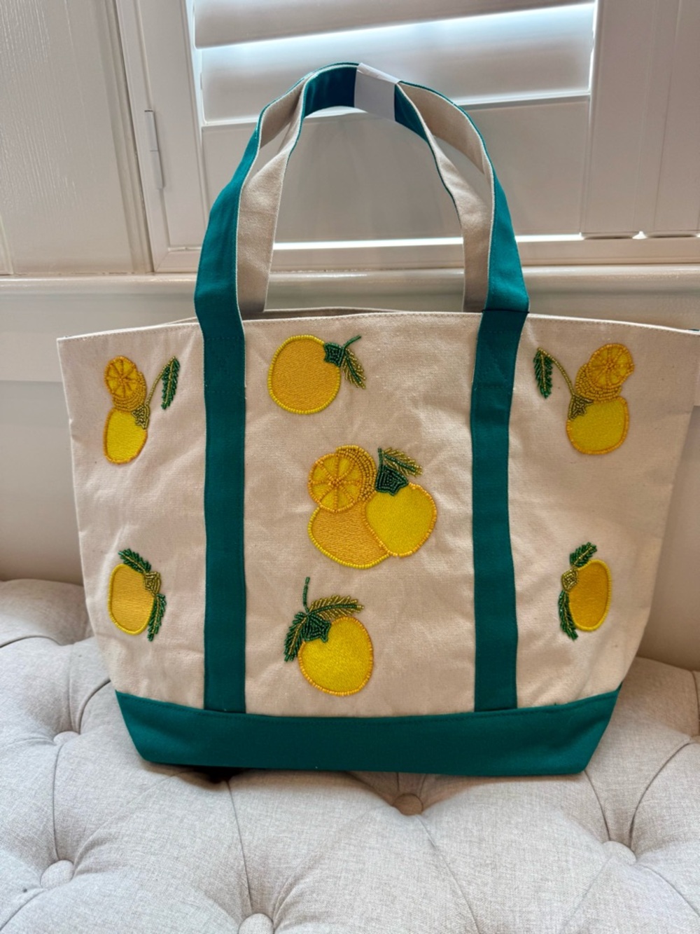 Canvas Lemon Tote Bag with Teal Trim